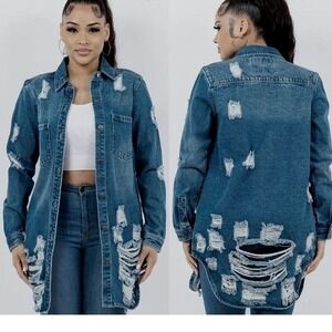 American Bazi Women's Distressed Denim Jean Jacket 1X Ripped Grunge Y2K Rocker
